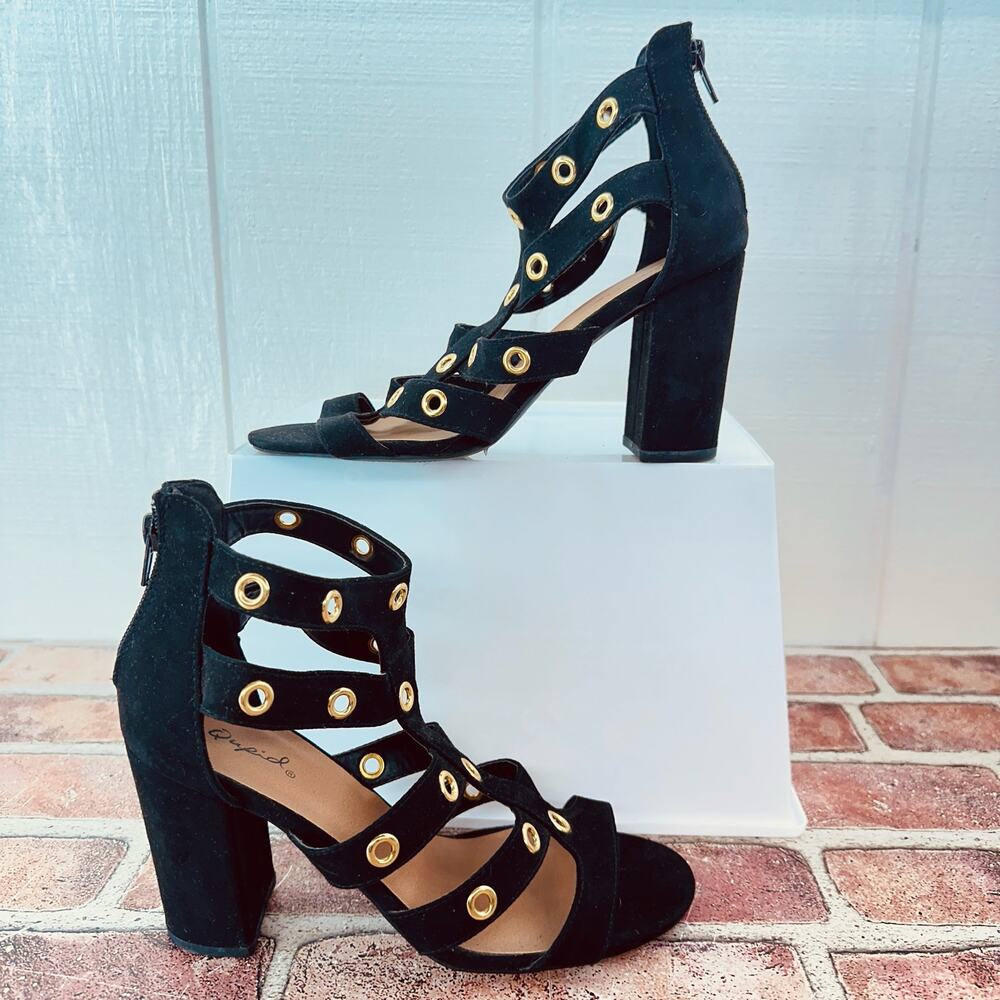 Black Gladiator Heels 8 Womens Strappy Chunky High Heel Sandals Bold Chic Qupid